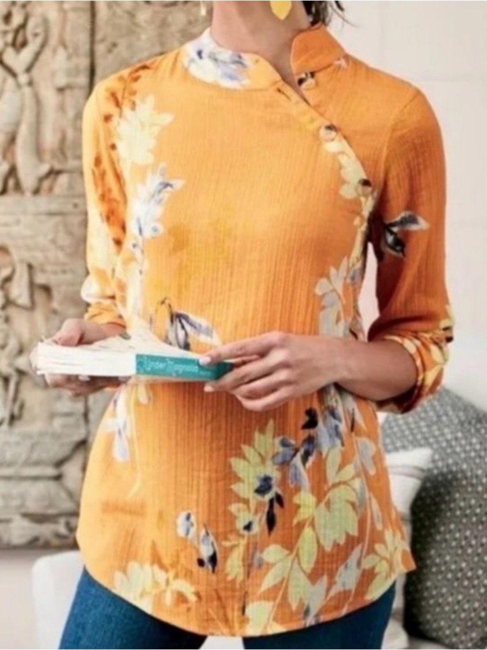 Soft Surroundings Floral Mandarin Collar Lagenlook Cottage Boho Cotton Blouse M